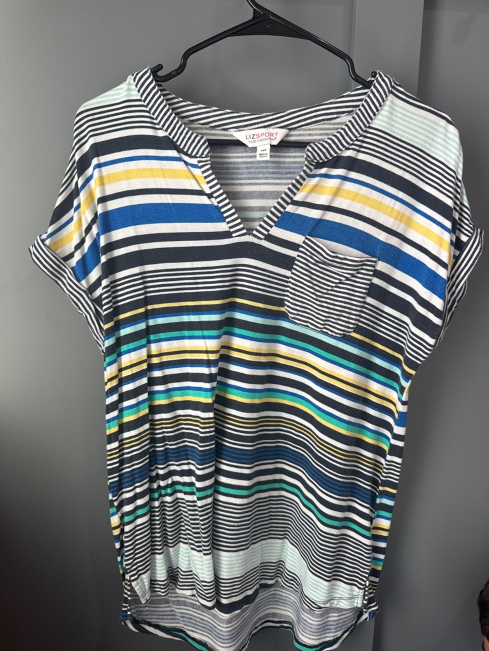 Liz Claiborne Striped V-Neck Tee in Black, Blue, Yellow, Green, Teal, White